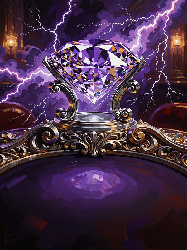 Okładka slotu Platinum Lightning Deluxe BGaming - oszlifowany diament w platynie otoczony fioletowymi błyskawicami