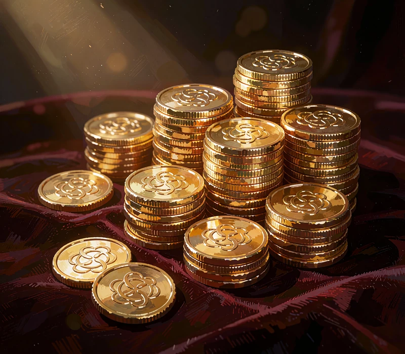 Stosy złotych monet na bordowym aksamicie - ilustracja oferty cashback w Roulettino Casino