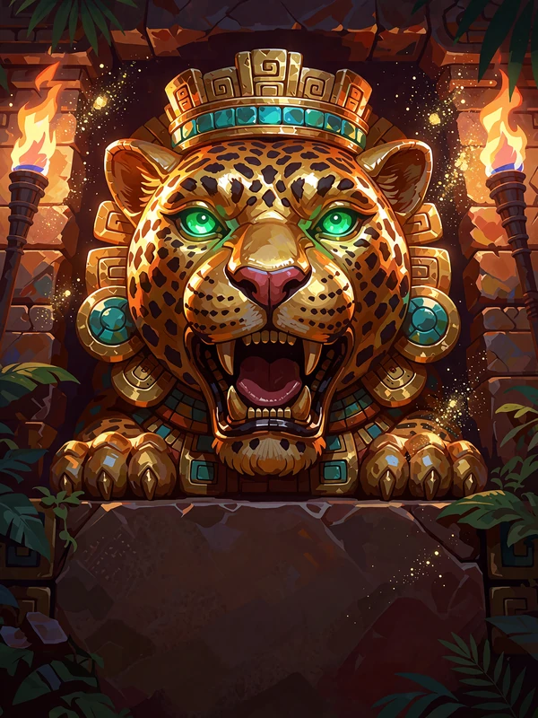 Okładka slotu Aztec Magix Deluxe BGaming - złoty idol jaguara ze szmaragdowymi oczami w świetle pochodni